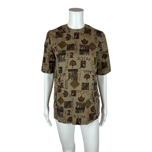 Vintage 50s Egyptian Top Women's Medium Novelty Print Brown Button Back Cotton - Picture 2 of 10